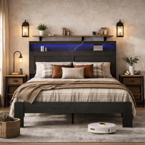 Vista 9 de Marco de cama de madera tamaño King con cabecera, base de cama de plataforma estilo granja rústica con soporte de listones de madera, resistente