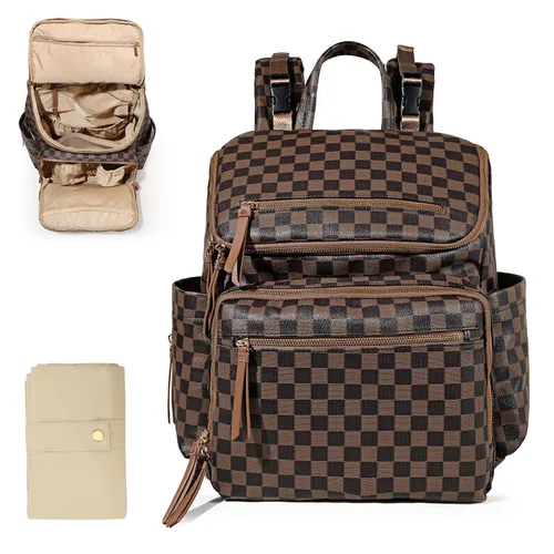 Vista 12 de Omanmoli Bolsa de pañales a cuadros, mochila grande de cuero para pañales con 17 bolsas organizadoras, cambiador, correas para cochecito, 4 Beige