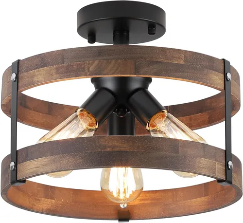 Vista 11 de 4-Luz Rústica Lámpara de Techo de Granja de Madera con Montura Empotrada 14.17 Pulgadas de Madera de Roble y Metal con Jaula de Nubes Semi Empotrada