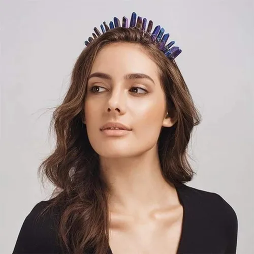 Vista 4 de HAIMEIKANG Diadema de corona de cuarzo de cristal crudo, hecha a mano, tiara de piedra natural, diadema para mujer, boda y fiestas, Vidrio