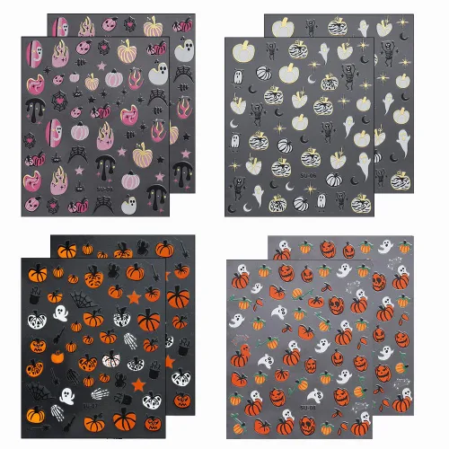 Vista 2 de 8 hojas de calcomanías de uñas de Halloween con diseños de fantasmas lindos, calabaza, araña, telaraña, sangre, llama 3D, autoadhesivas, Otoño