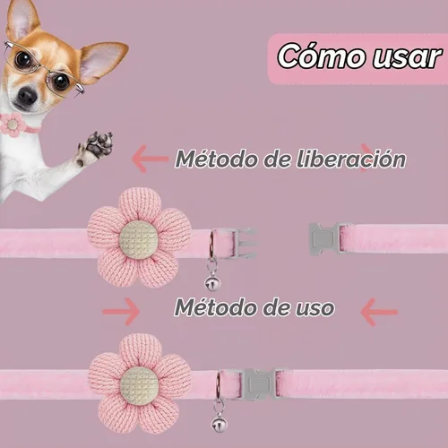 Vista 3 de Collar para perros pequeños con flor, Collares para cachorros XS, Collares para perros pequeños con campana para niña niño perrito pequeño (Rosa)