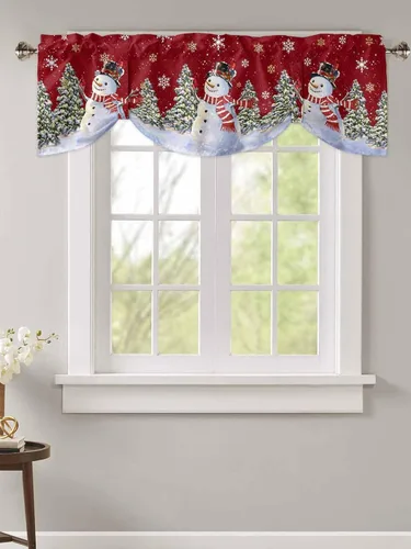 Vista 2 de Cortinas de cocina de Navidad, cenefa semitransparente ajustable con lazo, muñeco de nieve, copo de nieve, bolsillo para barra, tratamiento