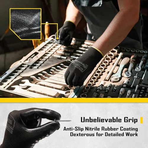 Vista 3 de COOLJOB 10/20 Pairs Nitrile Dipped Safety Work Gloves with Grip, Non-slip Black Camel