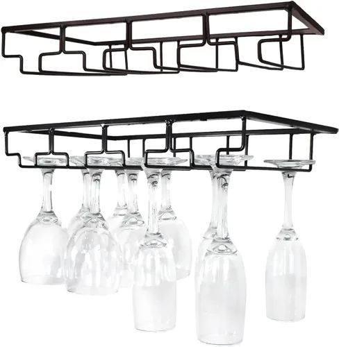 Vista 10 de Estante para copas de vino de 4 filas debajo del gabinete, soporte para copas de vino para colgar debajo del estante, soportes de alambre para copas