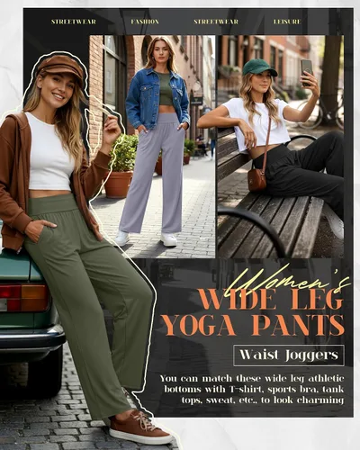 Vista 55 de Neer - Conjunto de 3 pantalones de yoga de pierna ancha para mujer - Pantalones deportivos cómodos, holgados, de cintura alta y casuales