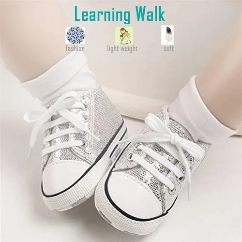 Vista 4 de Zapatos de lona para bebés recién nacidos, suela suave, para los primeros pasos, zapatos planos para niños pequeños, zapatos de mezclilla unisex