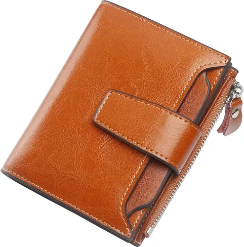 Vista 32 de Lavemi Pequeña cartera compacta para mujer, con bloqueo RFID, de piel auténtica, plegable, con ventanas de identificación