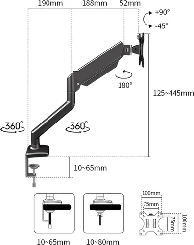 Vista 8 de Soporte de escritorio de brazo de monitor único para monitor de pantalla de 17-32 pulgadas, abrazadera de brazo de altura ajustable, rotación de 360