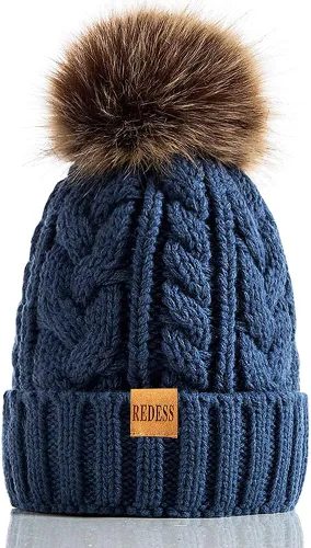 Vista 28 de Redess Gorro de invierno con pompón y forro polar cálido, grueso y holgado, tejido, para la nieve, para esquiar, para mujer Beige