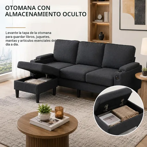 Vista 4 de Sofá modular de terciopelo en forma de L de 67 pulgadas con otomana, sofá convertible de 3 asientos con asiento profundo de nube para sala de estar