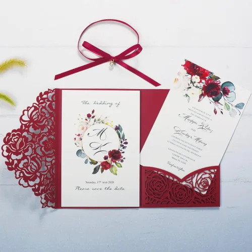 Vista 7 de 50 unidades de invitación de boda personalizadas burdeos con sobres, corte láser, bolsillo hueco de flora con invitaciones de cinta