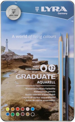 Vista 3 de Lyra Graduate Aquarell - Lápices de acuarela, 24 colores surtidos con pincel, lata de metal
