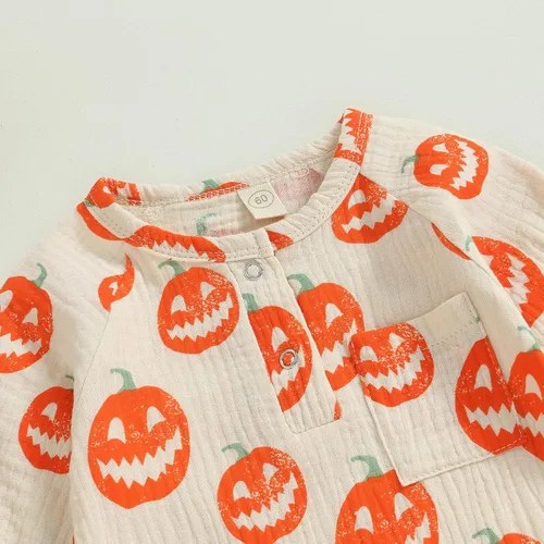 Vista 3 de GOOCHEER Mameluco de manga larga para bebé, niño, niña, Halloween, traje de calabaza