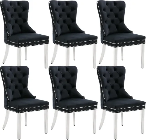 Vista 17 de KCC Juego de 2 sillas de comedor de terciopelo, sillas modernas copetudas Patas de acero inoxidable beige++ plata