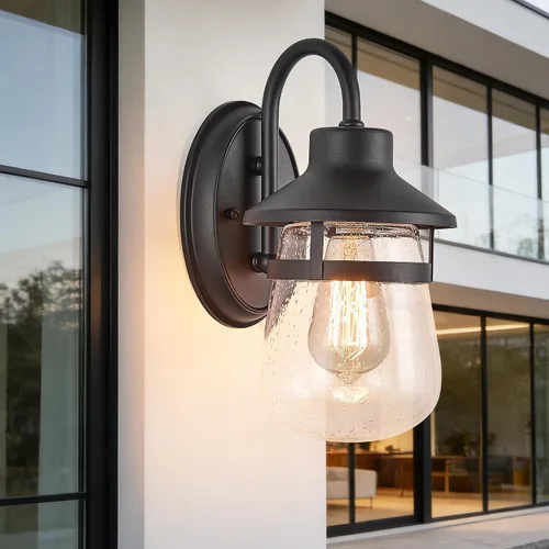 Vista 12 de Tarentlight Aplique de pared para exteriores con pantalla de vidrio transparente semillado, accesorio exterior impermeable en acabado de bronce