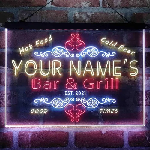 Vista 9 de Letrero de luz de neón LED tricolor personalizado para bar y parrilla, nombre personalizado, fecha, texto, cita, fuente blanco, azul y rojo, 17.7 x