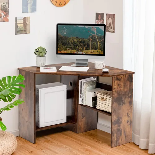 Vista 10 de Escritorio esquinero Tangkula, escritorio de computadora de 90 grados en forma de triángulo para espacios pequeños, escritorio esquinero