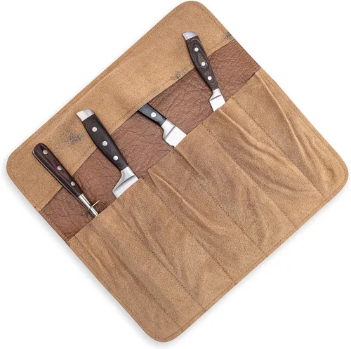 Vista 3 de Bolsa de rollo de cuchillos Cuero Genuino - Bolsa de cuchillos de chef 7 ranuras - Estuche de cuero para cuchillos Sam