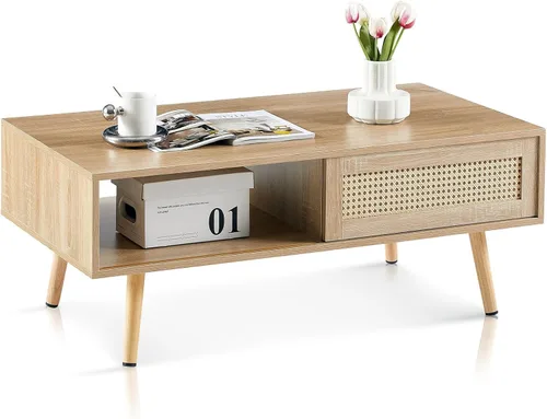 Vista 7 de Mid Century Modern Coffee Table with Storage, 41.3 Inch Rectangle Wooden Accent Center Tables with Sliding PE Rattan Woven Door Panel and Solid Wood
