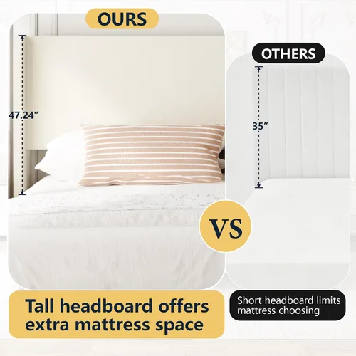 Vista 3 de Sismplly Base de cama matrimonial con cabecera con respaldo de ala, cama de plataforma tapizada de terciopelo, listones de madera fuertes, Beige