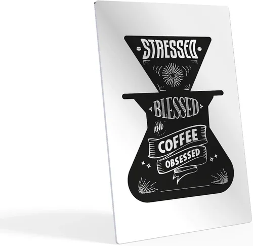 Vista 2 de HB Art Design Stressed Blessed and Coffee Obsessed Quote and Coffee Grinder Metal Print Wall Art Coffee Bar Decor Coffee Signs Kitchen Wall Decor