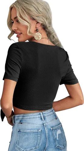 Vista 5 de Camisetas cortas para mujer lindas camisetas de verano con cuello en V profundo camisetas sexis y únicas cruzadas ajustadas con lazo frontal manga