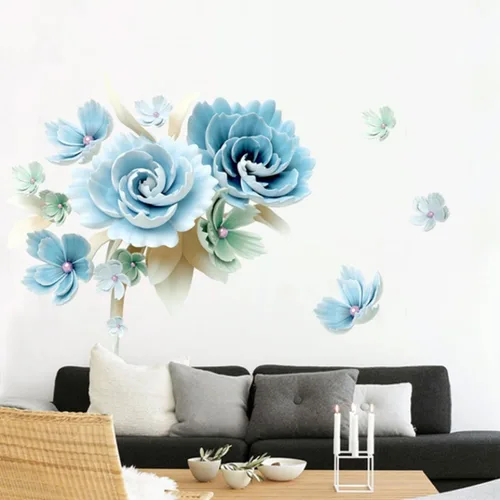 Vista 2 de Calcomanías de pared con diseño floral azul, para despegar y pegar, calcomanías de pared extraíbles para dormitorio, sala de estar, hogar, sofá