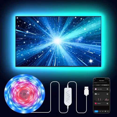 Vista 10 de Luces LED RGB+IC de 9.84 pies para TV de 32 a 43 pulgadas, tira de retroiluminación detrás de la TV con sincronización de música, aplicación