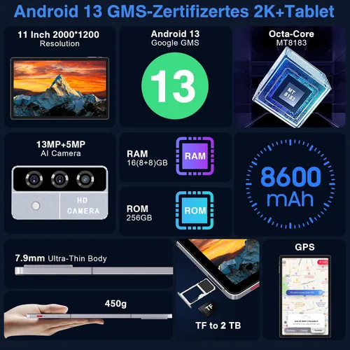 Vista 3 de Oangcc Tablet Android 13 de 11 pulgadas, 16 GB de RAM+256 GB ROM+2 TB Expand, tabletas Octa-Core con teclado y mouse, 8600 mAh, pantalla 2K 2000 x