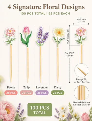 Vista 3 de 100 púas de cóctel florales, brochetas para aperitivos y bebidas