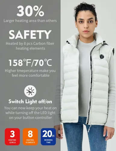 Vista 2 de iHood Chaleco térmico para mujer con batería, chaleco térmico para mujer con capucha térmica retráctil, chaquetas térmicas lavables para mujer