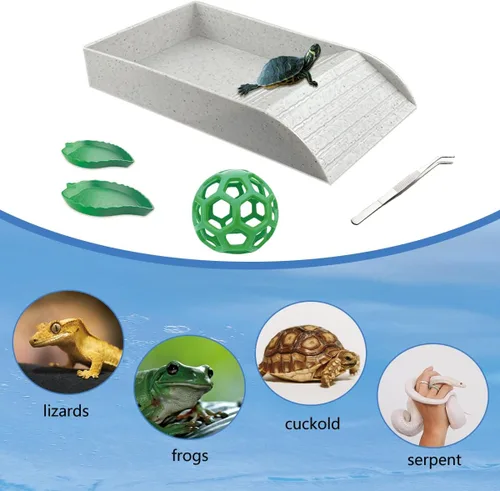 Vista 6 de Hábitat de tortuga con pendientes, material ABS, plato de agua de tortuga, pinzas para alimentos y bola de comida, accesorios de tortuga