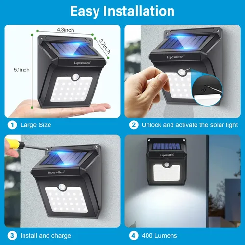 Vista 3 de Luposwiten Luces solares para exteriores, 28 LED, luces solares con sensor de movimiento con ángulo de movimiento de 125°, impermeable, IP65