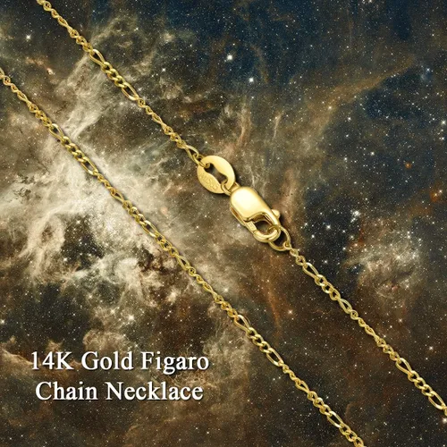 Vista 5 de SISGEM Collar de cadena Figaro de oro real de 14 quilates con cierre de garra de langosta, oro amarillo de 0.044in, cadena Figaro de eslabones de 16
