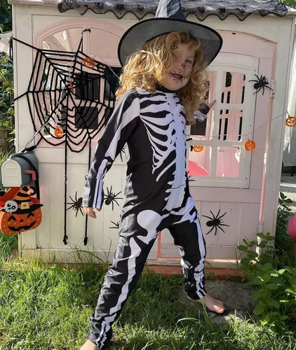 Vista 4 de RAISEVERN Body de esqueleto para niños, overol de huesos zombi de Halloween, disfraz divertido de calavera aterradora (5-14T)