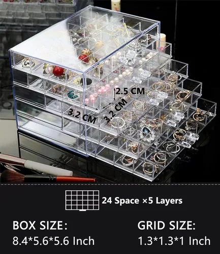 Vista 7 de CHADWICK Caja organizadora de joyas de acrílico con cajones de 5 capas y 120 rejillas, organizador transparente para aretes con tapa, caja