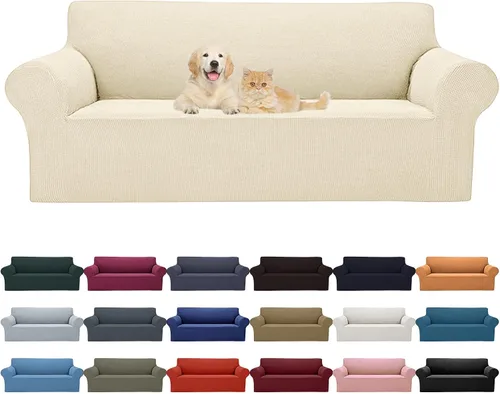 Vista 23 de Cupuamon Funda elástica para sofá de 1 plaza, funda protectora de muebles con parte inferior elástica de tela jacquard a cuadros pequeños para Beige
