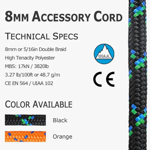 Vista 2 de GM CLIMBING 8mm (5/16in) Cuerda de Accesorio de Cuerda de Cordón Doble Trenzado Pre Cortada CE/UIAA