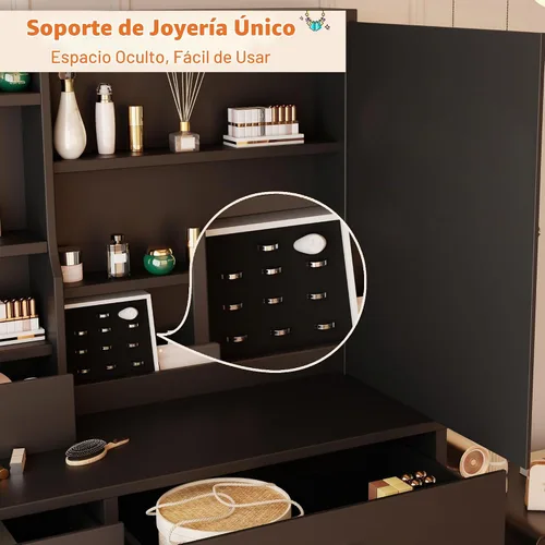 Vista 4 de DYHOME Escritorio de maquillaje con espejo de luces LED, 3 modos ajustables y tomas de corriente, mesa de tocador con 6 cajones y banco, escritorio