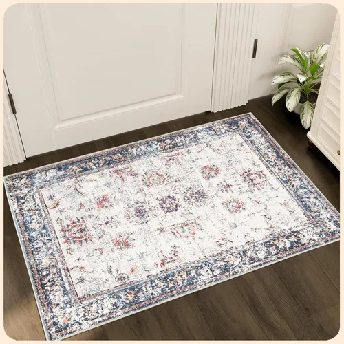 Vista 247 de Istana Alfombra larga antideslizante de 2.5 x 8 para el hogar, para pasillo y cocina, lavable, sedosa y suave al tacto, elegante, color azul y marfil