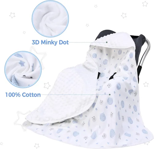 Vista 2 de Miracle Baby Manta de asiento de automóvil para bebés, manta ligera de algodón con arnés de 3/5 puntos, envoltura suave de lunares Minky para bebés