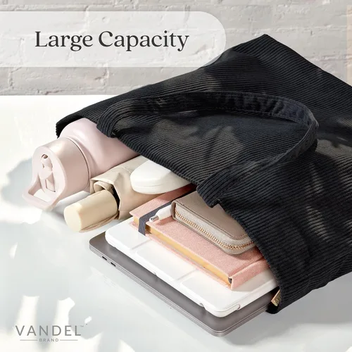 Vista 5 de VANDEL Bolso tote de pana para mujeres y hombres con cremallera y bolsillos interiores. Bolso tote con cremallera, bonita bolsa estética