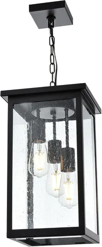 Vista 10 de TODOLUZ Lámpara colgante grande de 3 luces para exteriores, iluminación de porche colgante exterior con vidrio martillado, cadena larga ajustable