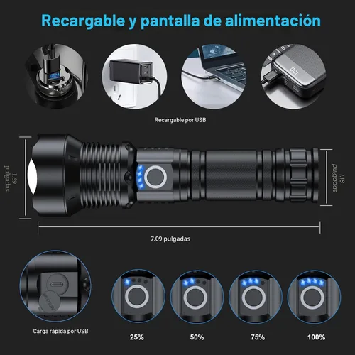 Vista 5 de Linternas recargables de 10000 lúmenes altos, linterna LED impermeable para emergencias, linterna de alta potencia con 5 modos, con zoom