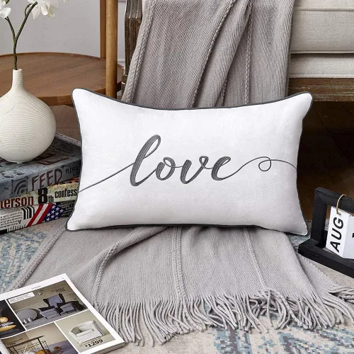 Vista 7 de Sanmetex Fundas de almohada decorativas de 12 x 20 pulgadas, funda de almohada lumbar de algodón suave bordada, funda de cojín rectangular gris