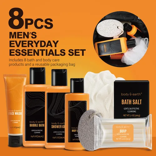 Vista 2 de Body & Earth Cestas de regalo para hombres, juego de baño con aroma cítrico para baño y cuerpo con loción corporal, gel de ducha, baño de burbujas
