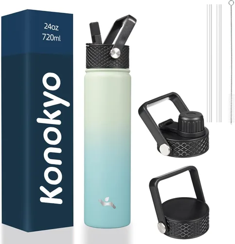 Vista 33 de Konokyo - Botella de agua aislada de 18 onzas, botellas deportivas de acero inoxidable con 3 tapas, verde militar