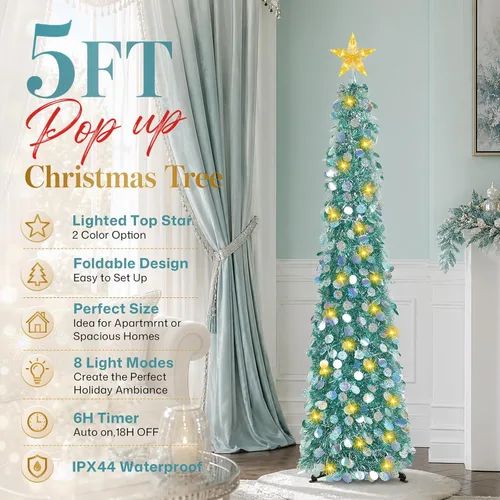 Vista 3 de MACTING Árbol de Navidad desplegable con 50 luces LED con temporizador, 5 pies, árbol de lápiz de oropel plegable de fácil montaje, árbol artificial