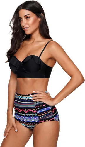 Vista 2 de Conjunto de bikini de mujer floral de cintura alta vintage Strappy Push Up traje de baño